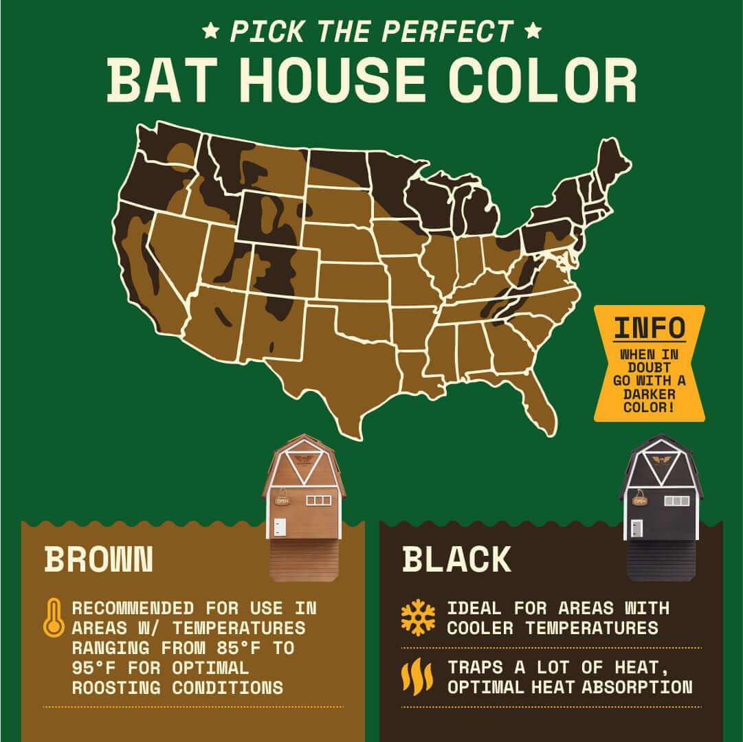Map showing ideal bat house color choices by US region with Big Bat Barn in brown for hot areas and black for cooler temperatures
