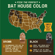 Map showing ideal bat house color choices by US region with Big Bat Barn in brown for hot areas and black for cooler temperatures