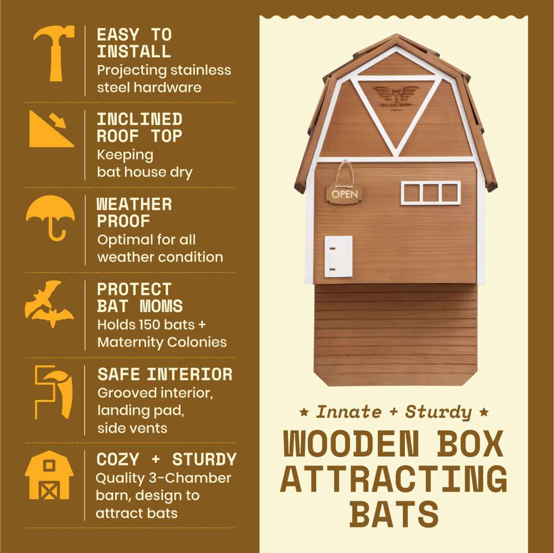 Brown three-chamber wooden Big Bat Barn for attracting and housing up to 150 bats with weatherproof design and easy installation