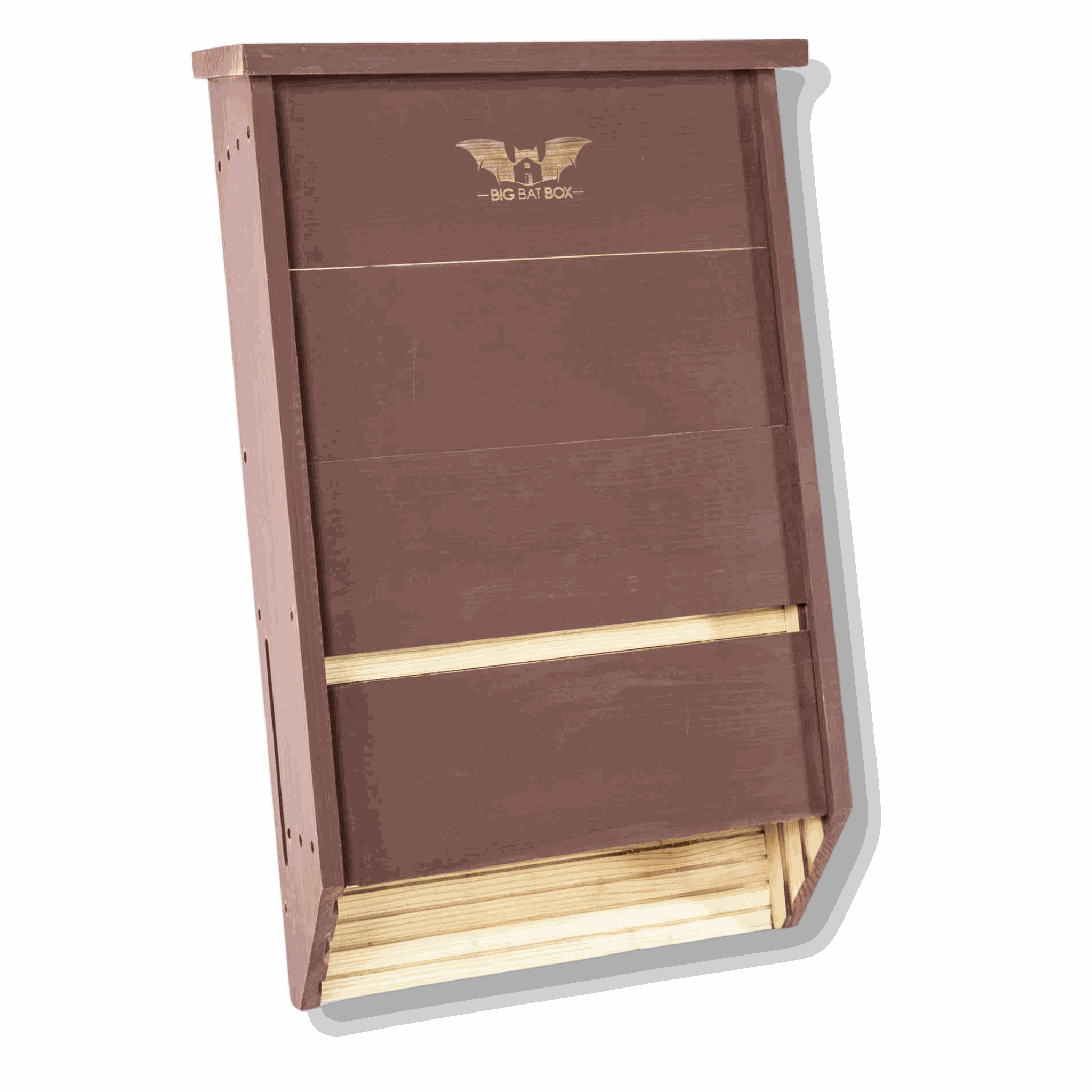 Three chamber brown cedar bat house for natural pest control and year-round bat shelter