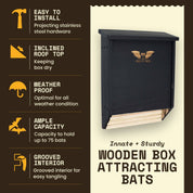Eco-friendly double chamber bat house in black, handcrafted from cedar wood, holds 75 bats, weatherproof, protects from predators.