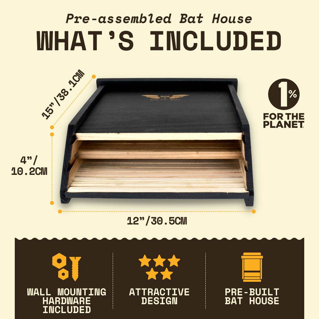 Eco-friendly black two-chamber cedar bat house, pre-assembled with wall mounting hardware and ventilated design for natural pest control.