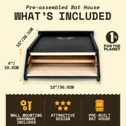Eco-friendly black two-chamber cedar bat house, pre-assembled with wall mounting hardware and ventilated design for natural pest control.