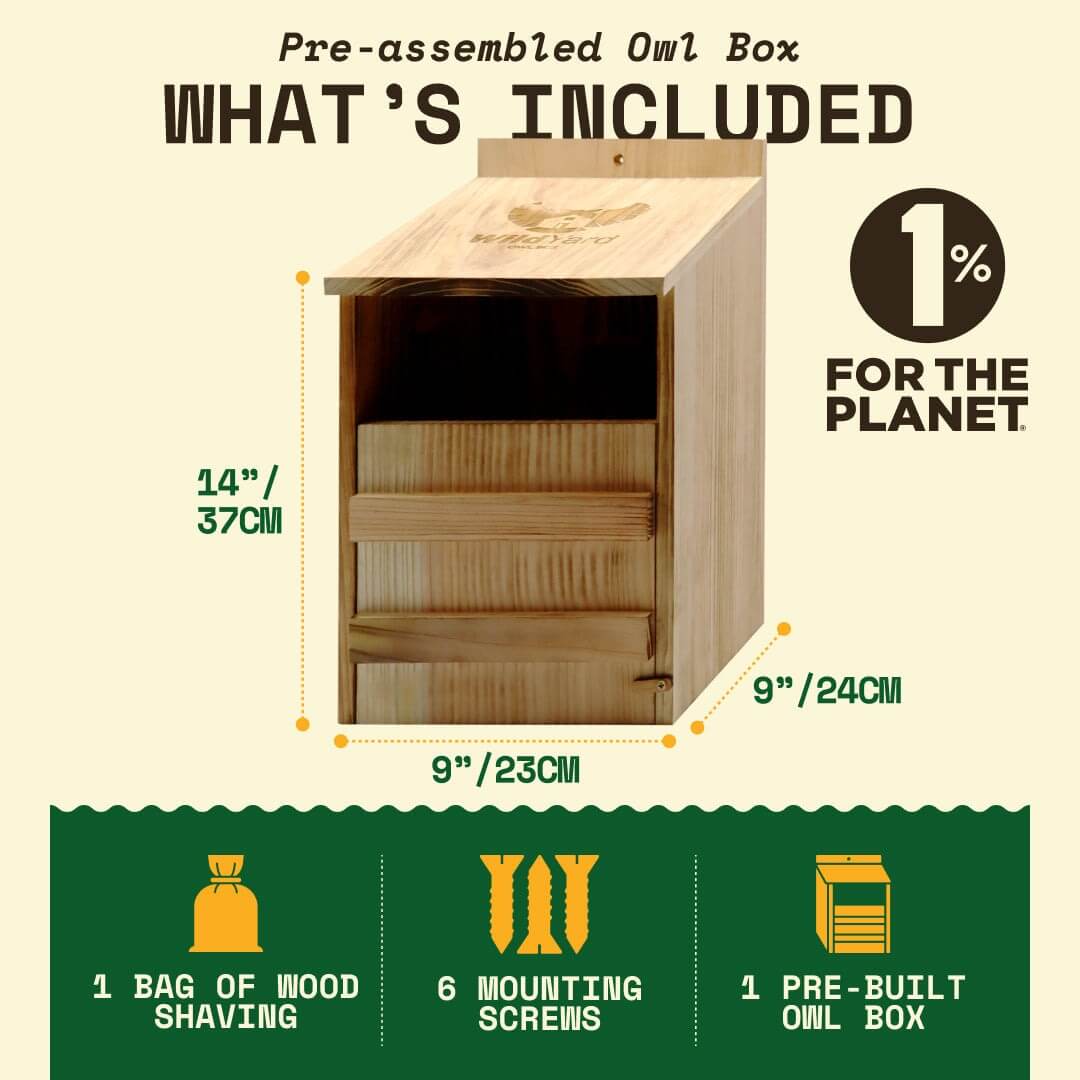 Pre-assembled WildYard cedar owl box, designed for screech owls