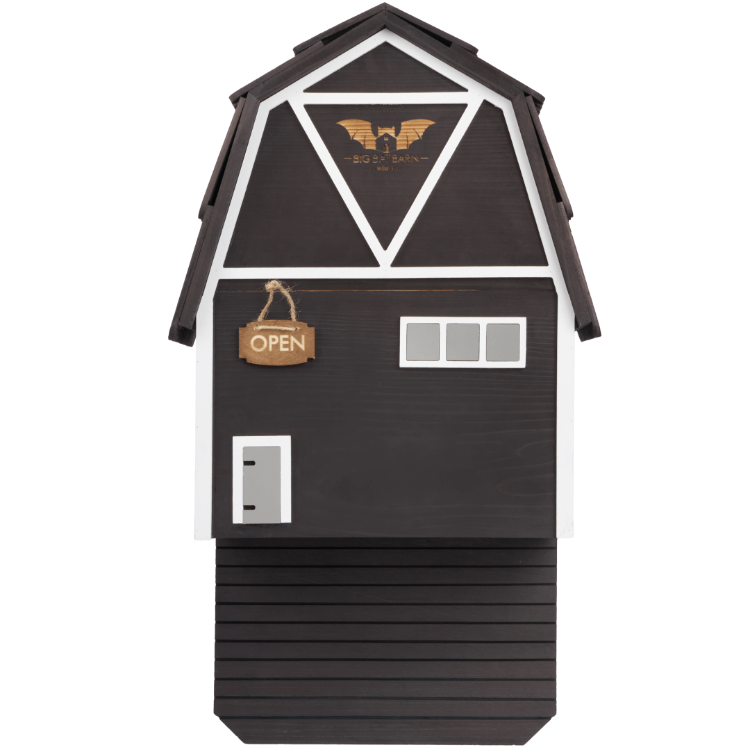 Black three-chamber cedar Big Bat Barn designed for housing up to 150 bats with rustic barn style and natural mosquito control features