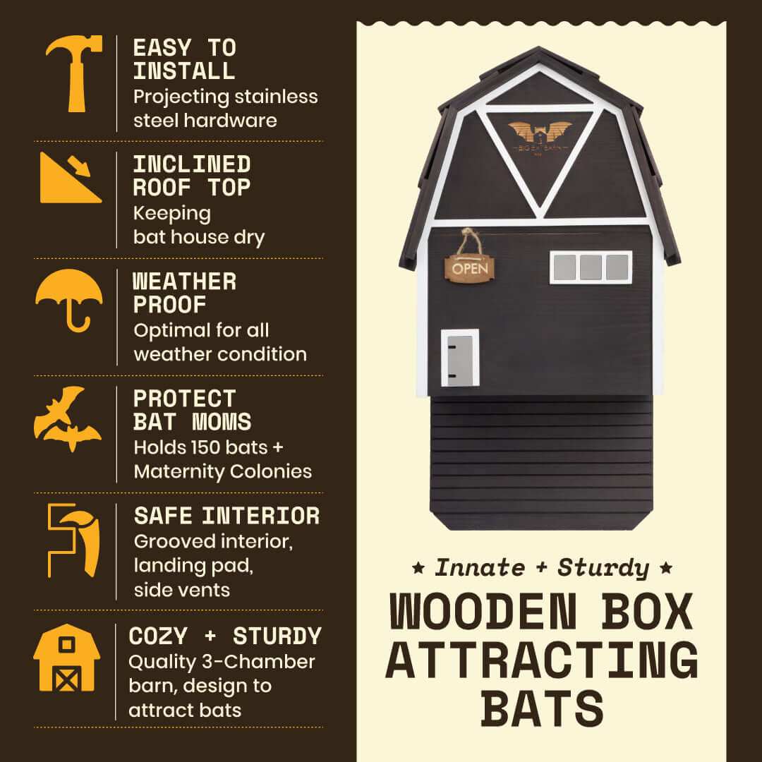 Black three-chamber wooden Big Bat Barn made of cedar for attracting and housing up to 150 bats with weatherproof design and easy installation