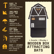 Black three-chamber wooden Big Bat Barn made of cedar for attracting and housing up to 150 bats with weatherproof design and easy installation