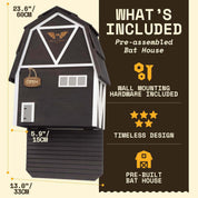 Black three-chamber cedar Big Bat Barn with white trim, pre-assembled bat house for up to 150 bats, wall mounting hardware included