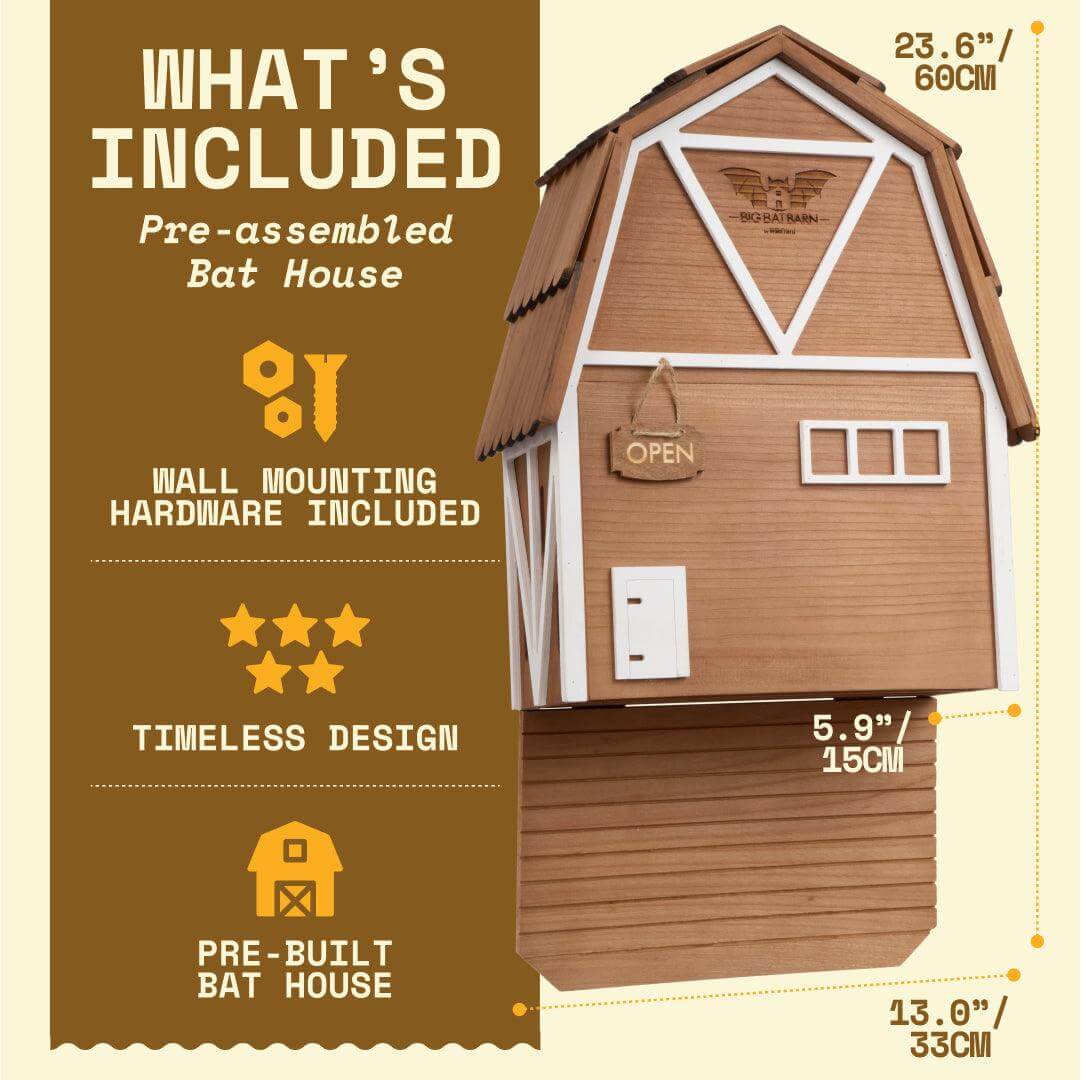 Three-chamber brown cedar Big Bat Barn bat house with wall mounting hardware and rustic design for up to 150 bats