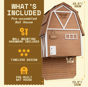 Three-chamber brown cedar Big Bat Barn bat house with wall mounting hardware and rustic design for up to 150 bats