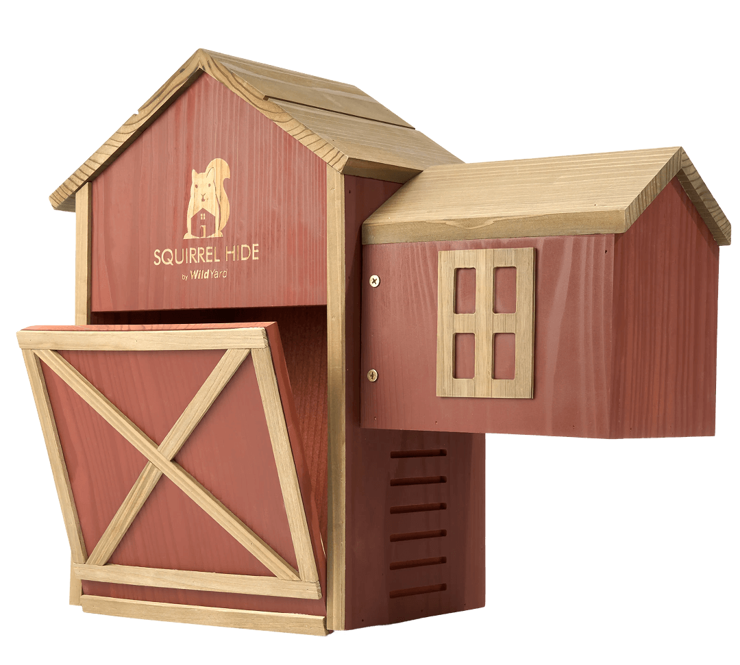 Wooden squirrel feeder and hideout house on a backyard table, a combined squirrel feeder and shelter.