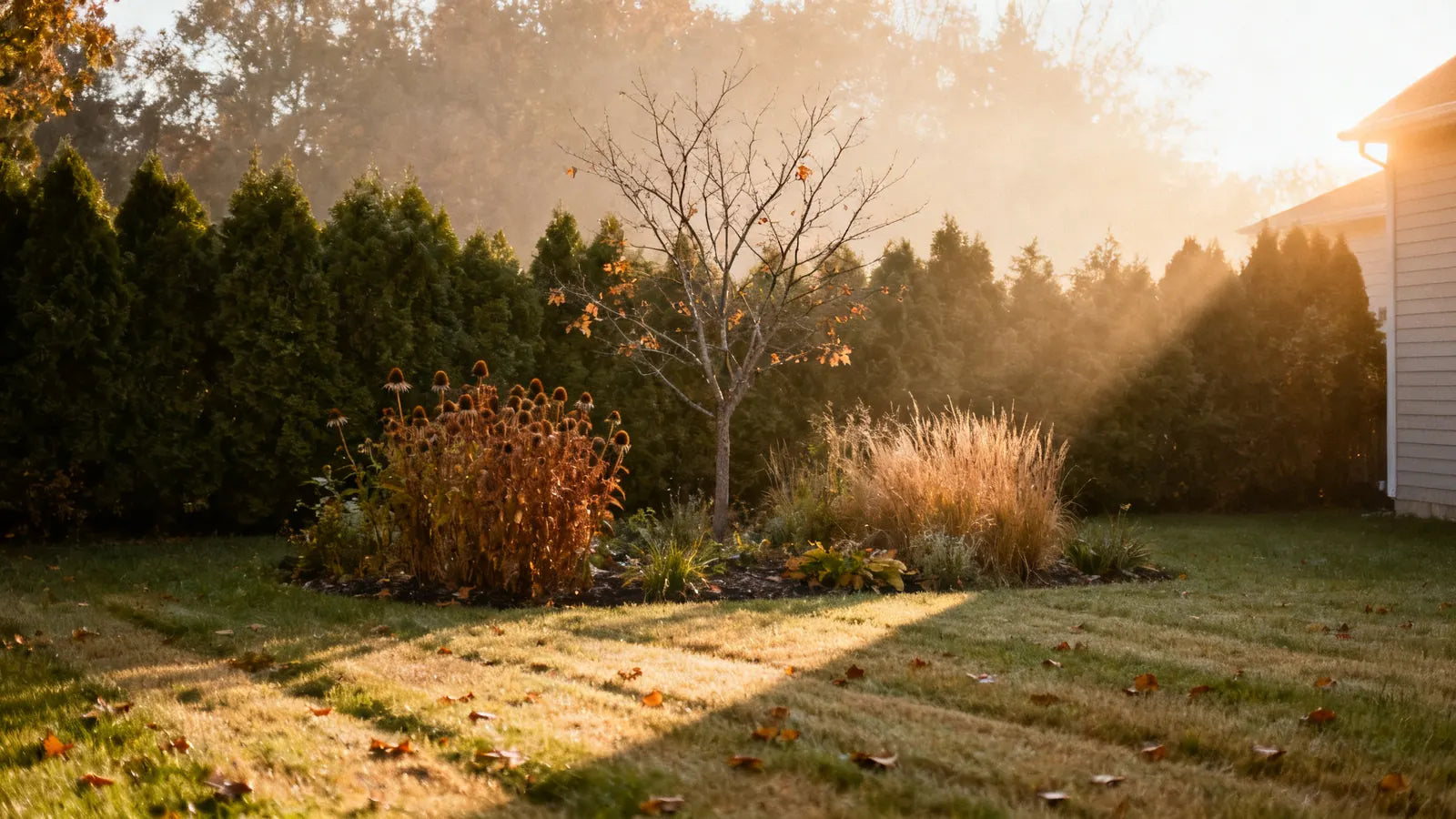 Morning light over a backyard border of evergreen shrubs, a small bare-branched tree and tall grasses with dried seed heads