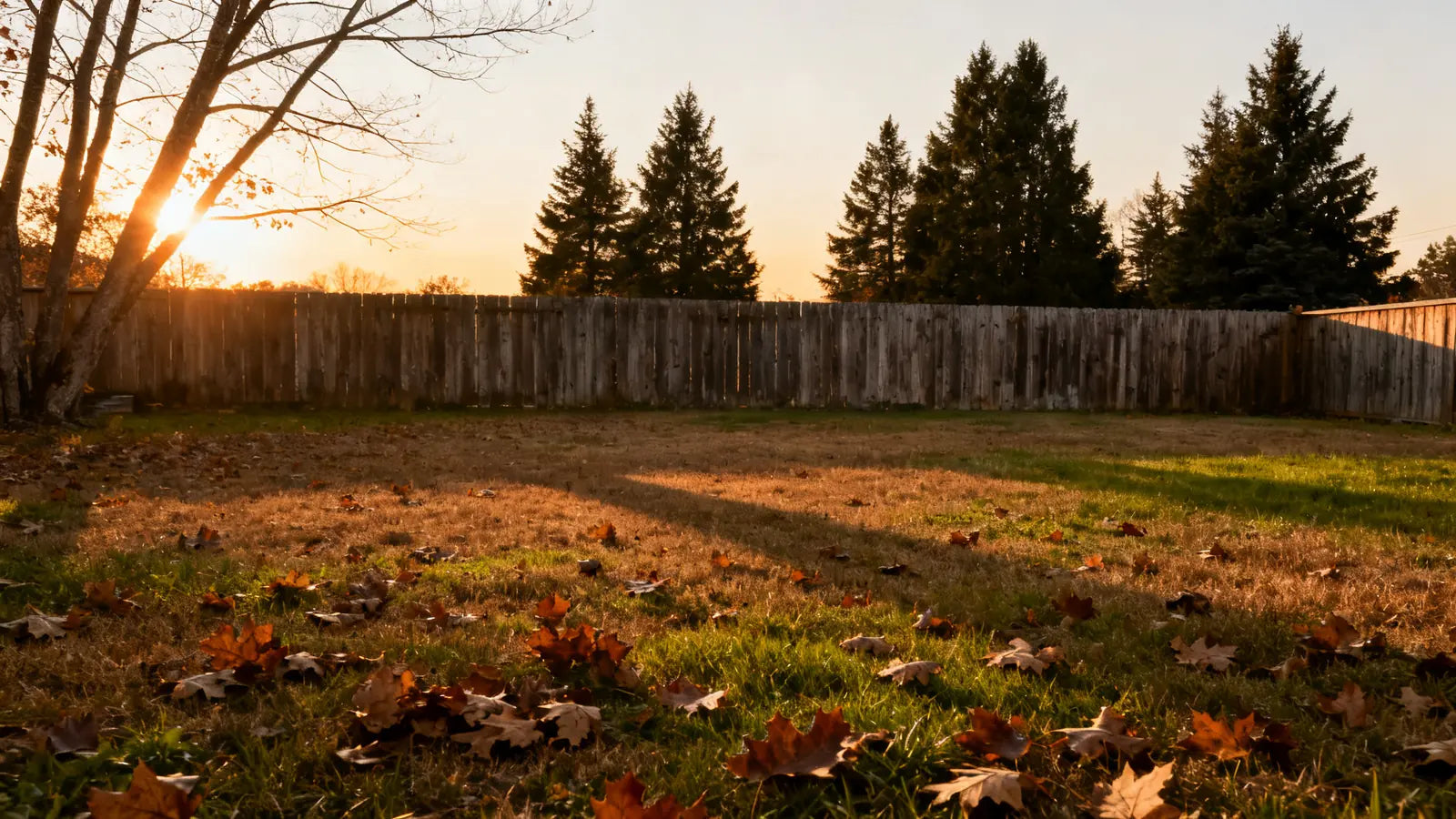 Low autumn sun over an empty backyard lawn covered in fallen leaves, with bare branches and a weathered wooden fence