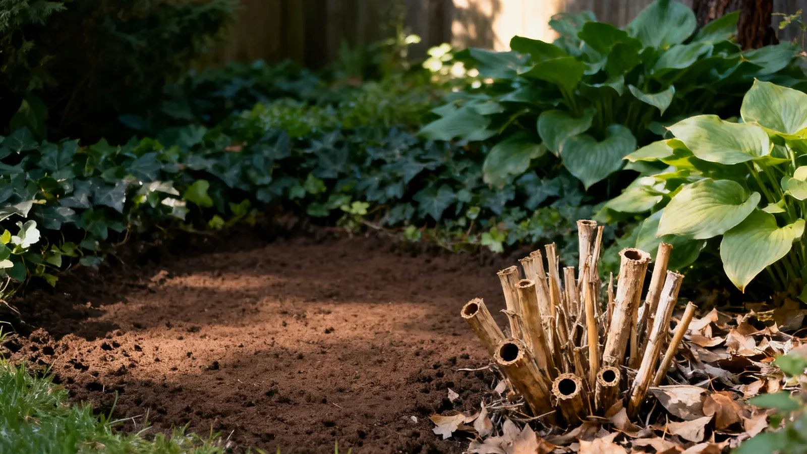 A sunlit patch of bare garden soil beside a cluster of dried hollow perennial stems in a green backyard bed