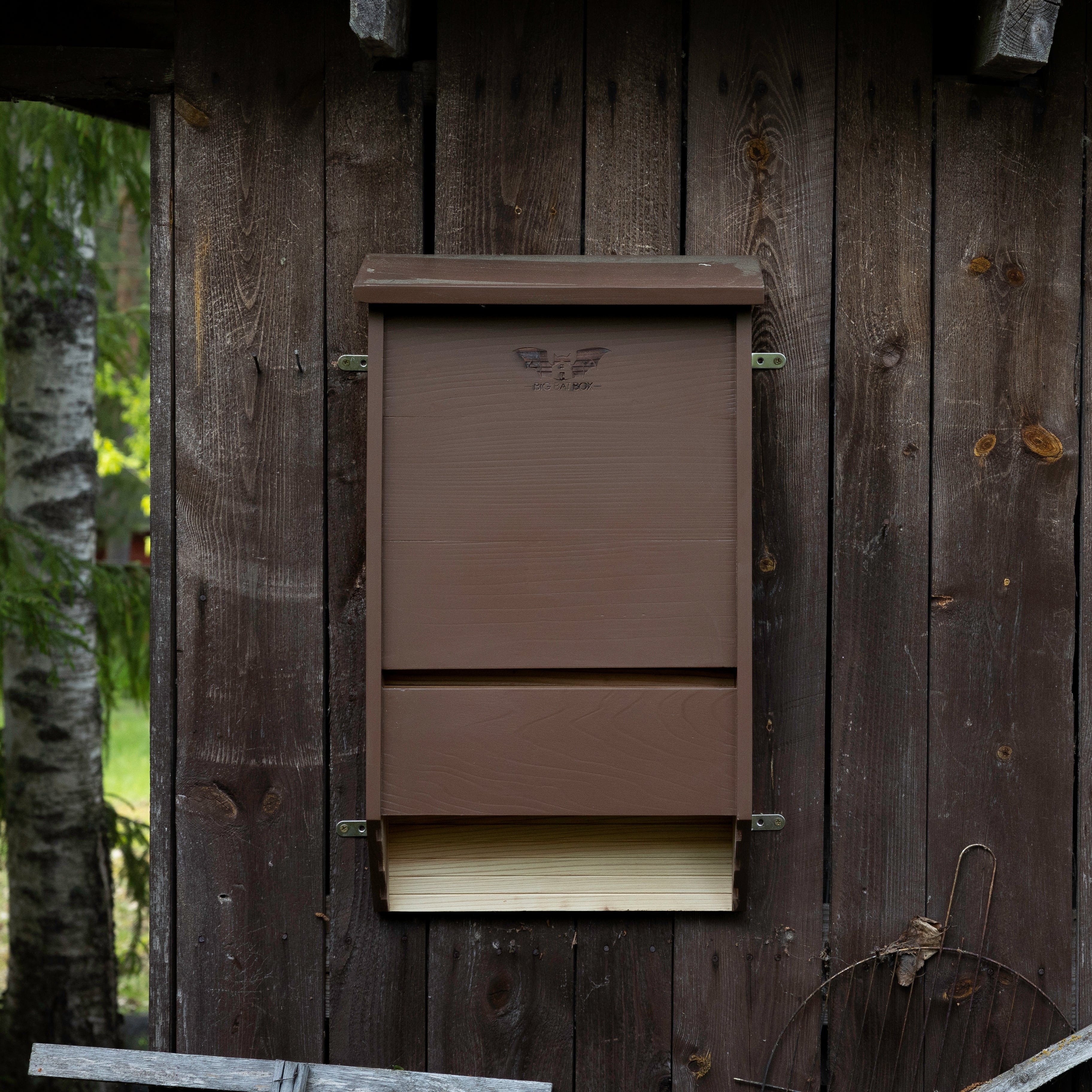 Brown 3-chamber bat house mounted on a wooden wall with greenery in the background