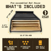 Three chamber black cedar bat house with wall mounting hardware and pre-built design for bat conservation