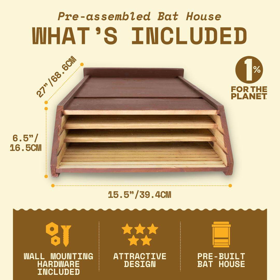 Three chamber brown cedar bat house with pre-built design, wall mounting hardware, and natural pest control features