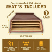 Three chamber brown cedar bat house with pre-built design, wall mounting hardware, and natural pest control features