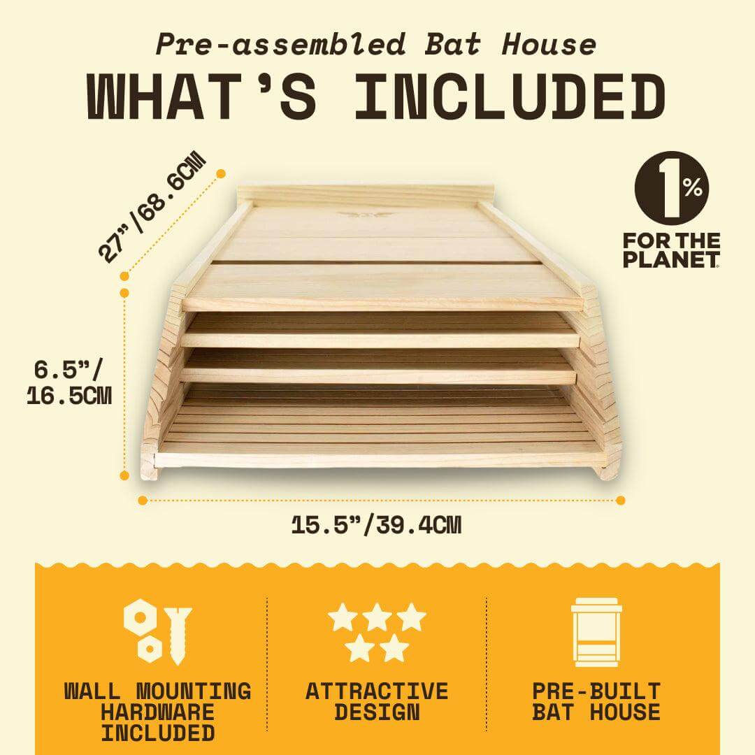 Three chamber cedar bat house with pre-assembled shelves, wall mounting hardware, and attractive design for pest control and conservation