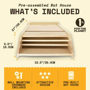Three chamber cedar bat house with pre-assembled shelves, wall mounting hardware, and attractive design for pest control and conservation