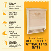 Eco-friendly double chamber bat house in cedar, handcrafted from cedar wood, holds 75 bats, weatherproof, protects from predators.