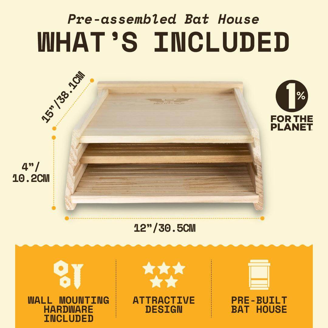 Two-chamber cedar bat house for wall mounting, natural pest control, pre-assembled with weather-resistant design
