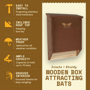 Eco-friendly double chamber bat house in brown, handcrafted from cedar wood, holds 75 bats, weatherproof, protects from predators.