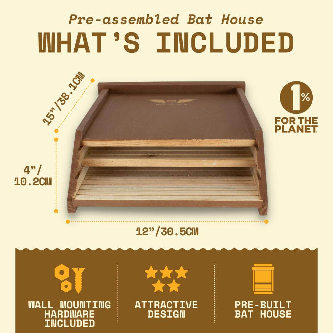 Two-chamber brown cedar bat house with wall mounting hardware, pre-built design for natural mosquito control and eco-friendly outdoor pest management