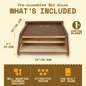 Two-chamber brown cedar bat house with wall mounting hardware, pre-built design for natural mosquito control and eco-friendly outdoor pest management