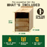 Pre-assembled WildYard cedar owl box, designed for screech owls