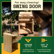 Owl box with swing door for easy cleaning, enabling owls to fly freely and simplifying maintenance.