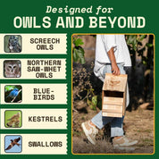Person holding a wooden owl box designed for screech owls, northern saw-whet owls, bluebirds, kestrels, and swallows in a garden setting