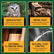 Eco-friendly owl box for gardens with observatory, swing door, internal climbing bars, and natural pest control features