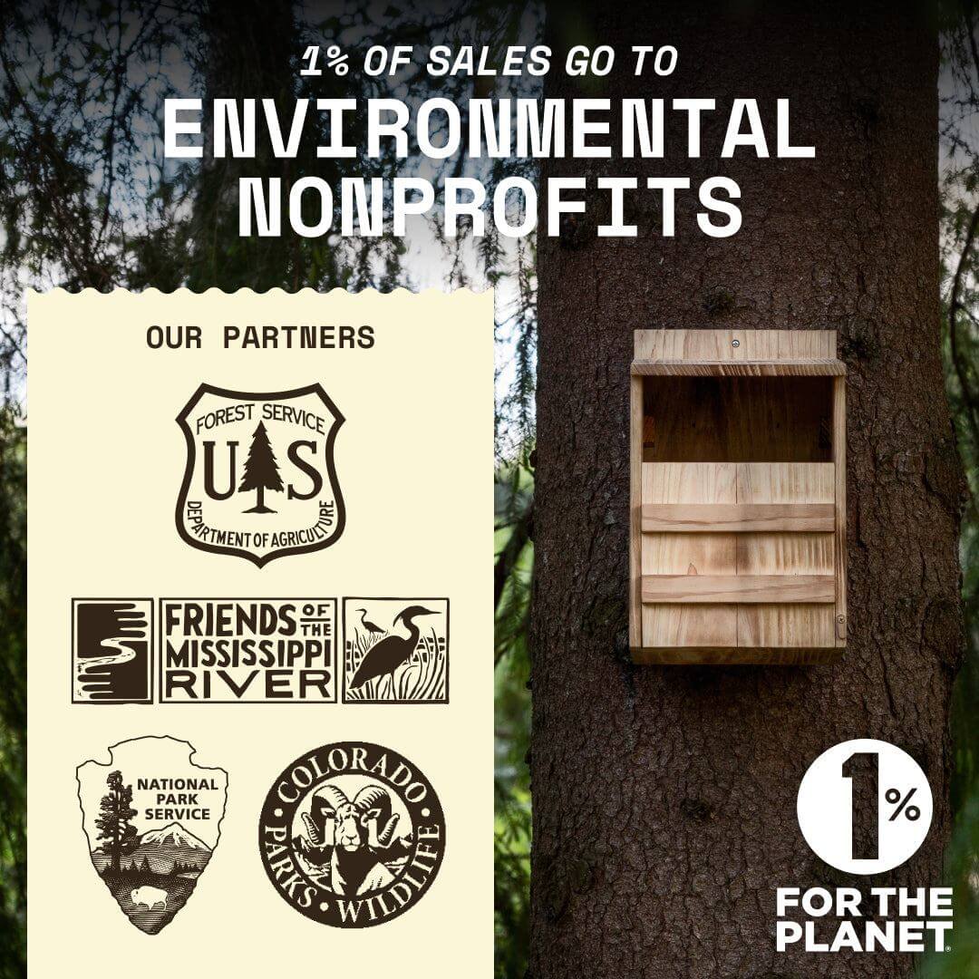WildYard owl box mounted on a tree, highlighting 1% for the Planet donation with nonprofit partners including U.S. Forest Service, National Park Service, and more.