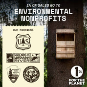 WildYard owl box mounted on a tree, highlighting 1% for the Planet donation with nonprofit partners including U.S. Forest Service, National Park Service, and more.