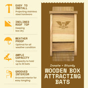 Eco-friendly single chamber bat house in cedar, handcrafted from cedar wood, holds 75 bats, weatherproof, protects from predators.