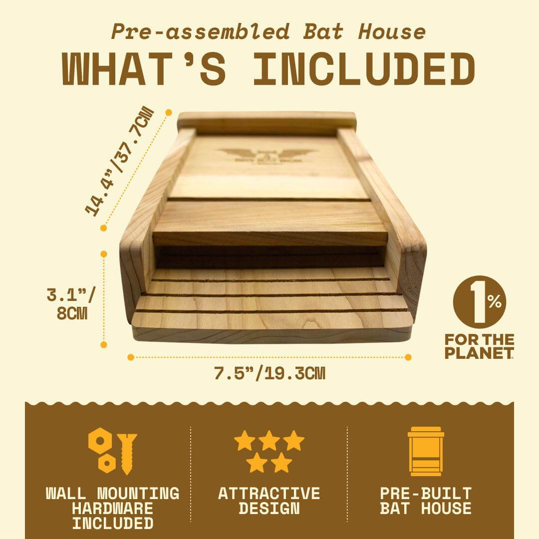 Single-chamber cedar bat house with wall mounting hardware, compact design for eco-friendly pest control, pre-assembled and easy to install.