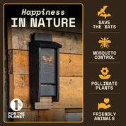 Black bat box on a wall with benefits listed: bat conservation, natural mosquito control, pollination, animal sanctuary