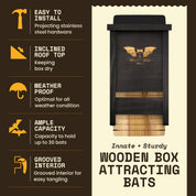 Black bat box with features listed: easy installation, inclined roof, weatherproof, ample capacity, grooved interior