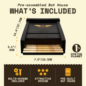 Prebuilt black bat box dimensions and items included