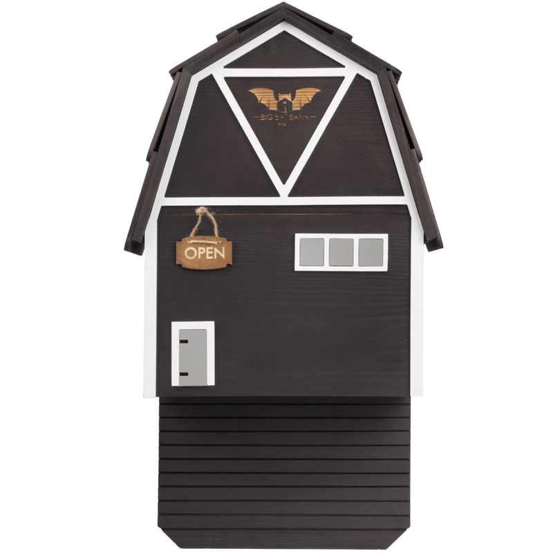 Black three-chamber cedar Big Bat Barn designed for housing up to 150 bats with rustic barn style and natural mosquito control features