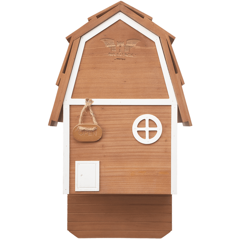 Brown two-chamber cedar Bat Barn Junior bat house features – weatherproof design, ventilated chambers, rustic barn style