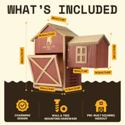 Squirrel House - Hideout & Feeder dimensions and features for natural habitat protection and feeding.