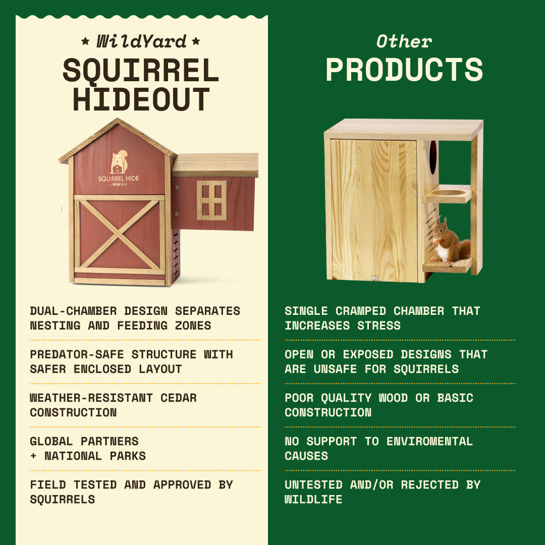 Squirrel House - Hideout & Feeder featuring dual-chamber design for nesting and feeding zones.
