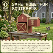 Squirrel House - Hideout & Feeder on a wooden table in a backyard, providing a natural habitat for squirrels.