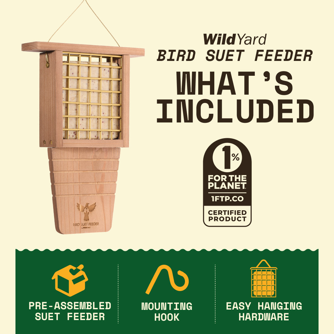 What is included with the WildYard Bird Suet Feeder: pre-assembled feeder, mounting hook and easy hanging hardware