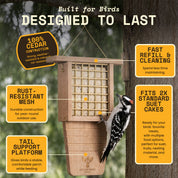 WildYard Bird Suet Feeder features labelled: 100 percent cedar construction, rust-resistant mesh, tail support platform, fast refill and cleaning, and space for two standard suet cakes