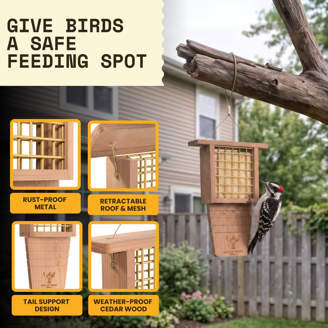Close-up details of the WildYard Bird Suet Feeder showing rust-proof metal, retractable roof and mesh, tail support design and weatherproof cedar wood