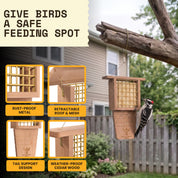 Close-up details of the WildYard Bird Suet Feeder showing rust-proof metal, retractable roof and mesh, tail support design and weatherproof cedar wood