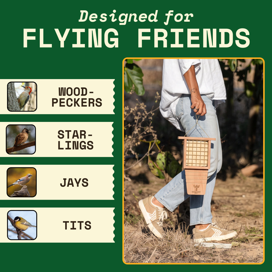 Panel of the backyard bird species that visit the WildYard Bird Suet Feeder, with a person carrying the feeder through a garden
